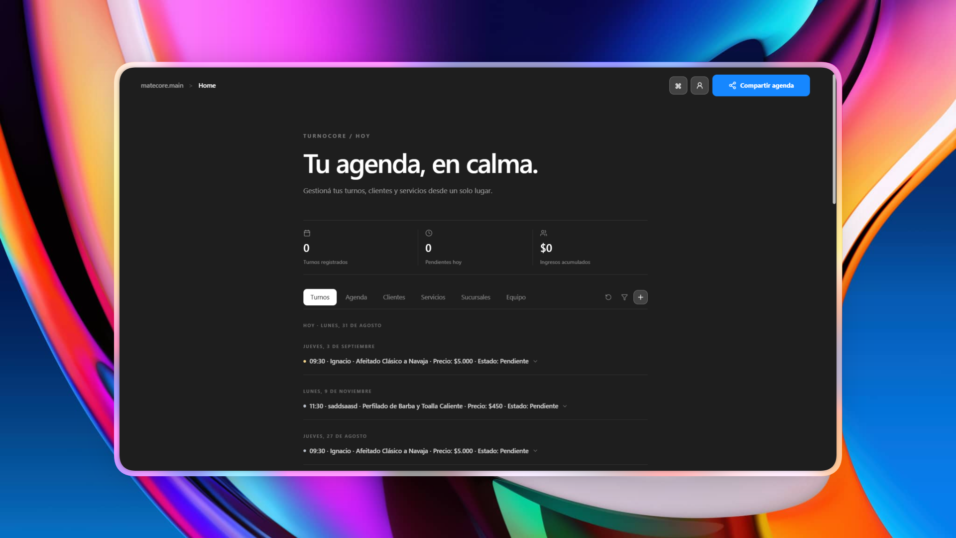 Captura de TurnoCore